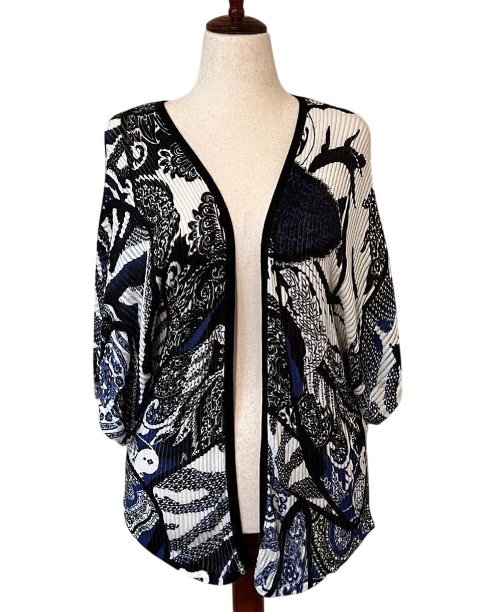 Chico's cardigan black blue white paisley ribs open front short sleeve Sz 1 US M